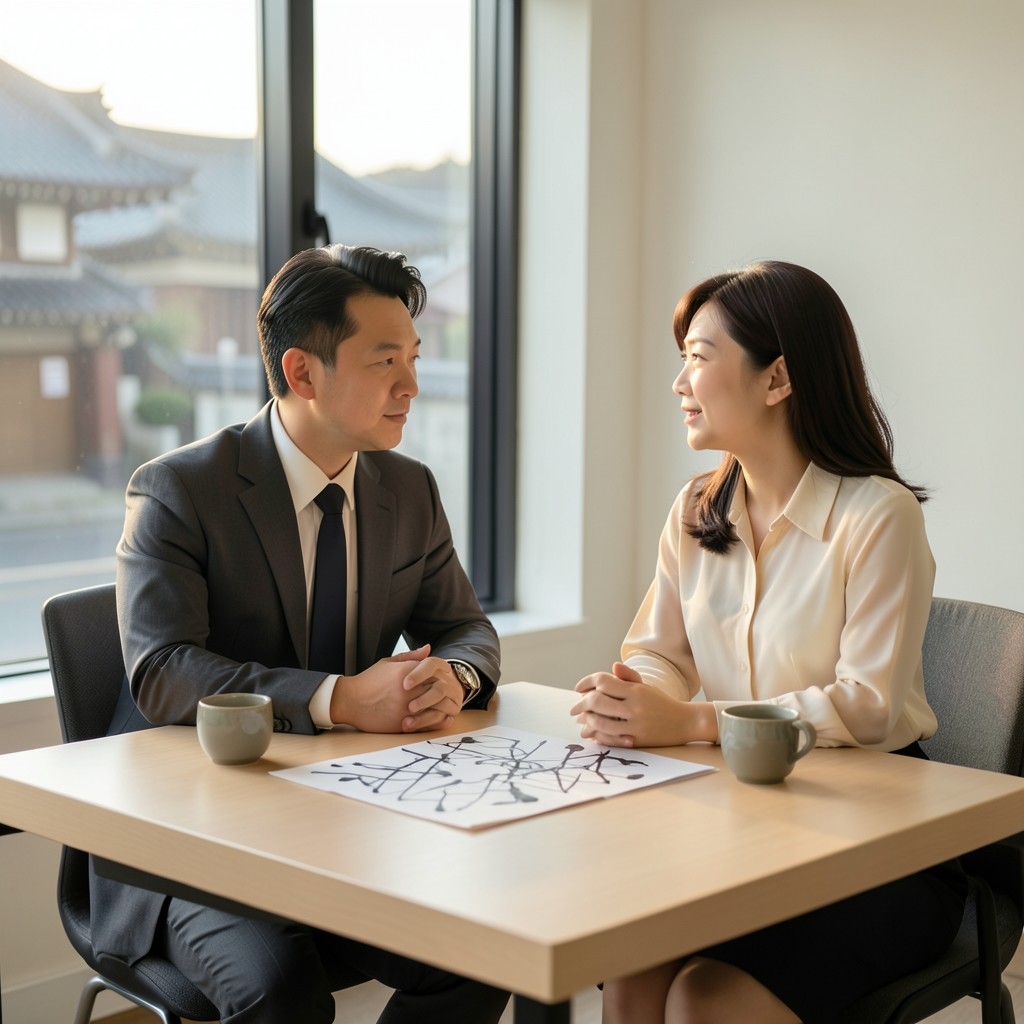아침 창가에서 인쇄된 용지를 펼쳐 두고 이야기하는 두 사람