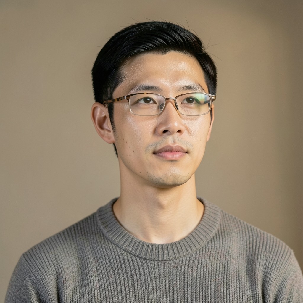 안경을 쓴 백도윤이 회색 니트를 입고 있는 초상
