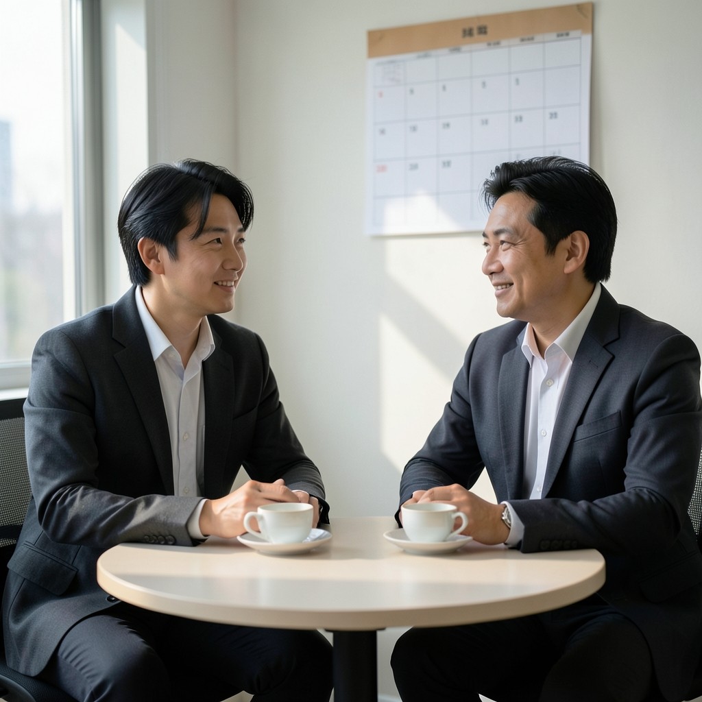 벽의 달력 아래 탁자에서 차를 두고 다시 만난 두 사람